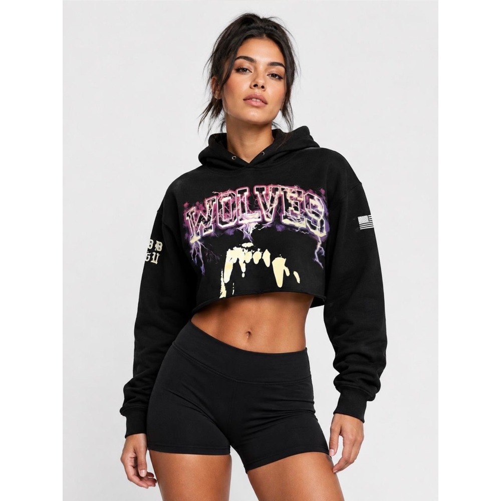 Darc Sport Wolves Club Blood Thunder Vintage Pierce Cropped Hoodie Black Small - Picture 2 of 9